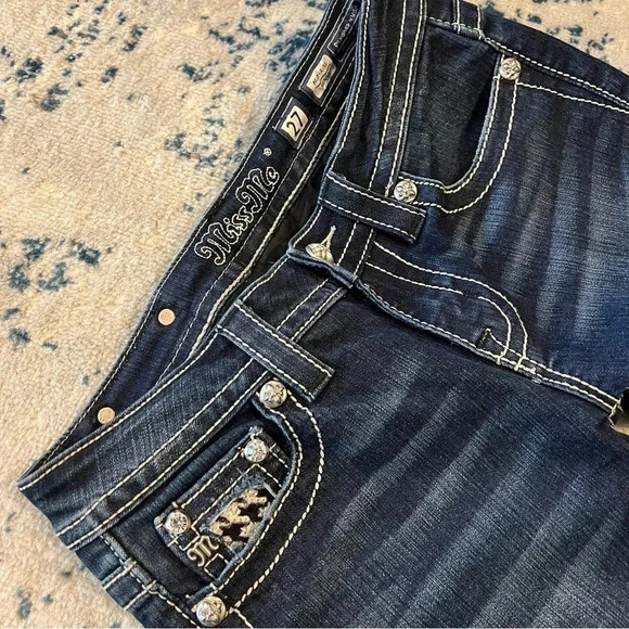 Miss Me Mid-Rise Skinny Dark Wash Houndstooth sequin size 27 inseam 29 - Picture 4 of 7